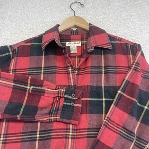 Eddie Bauer Button Up Womens M Red Plaid Flannel‎ Shirt Long Sleeve Cotton 1036